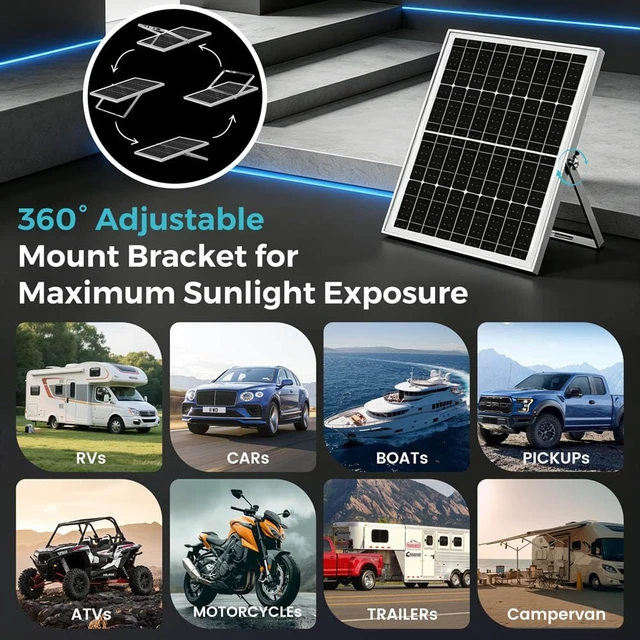 Alt view image 4 of 7 - 12V 20W Smart MPPT Solar Battery Charger Trickle Tender Maintainer, IP68 Waterproof Solar Panel Kit with Adjustable Mount Bracket, for Cars RVs Boats Motorcycles Trucks