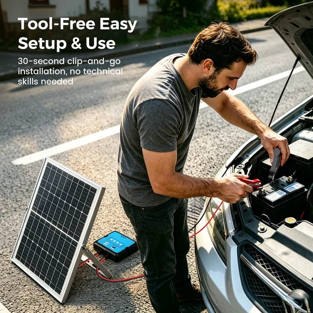 Alt view image 7 of 7 - 12V 20W Smart MPPT Solar Battery Charger Trickle Tender Maintainer, IP68 Waterproof Solar Panel Kit with Adjustable Mount Bracket, for Cars RVs Boats Motorcycles Trucks