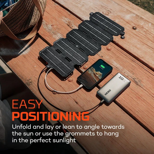 Alt view image 7 of 7 - NEBO Reliance 10W Solar Panel, Foldable & Portable | 24.7% Sunlight to Solar Energy Conversion Rate, 2 Outputs - USB-A & USB-C, Integrated Storage Pouch, IP65 Water-Resistant