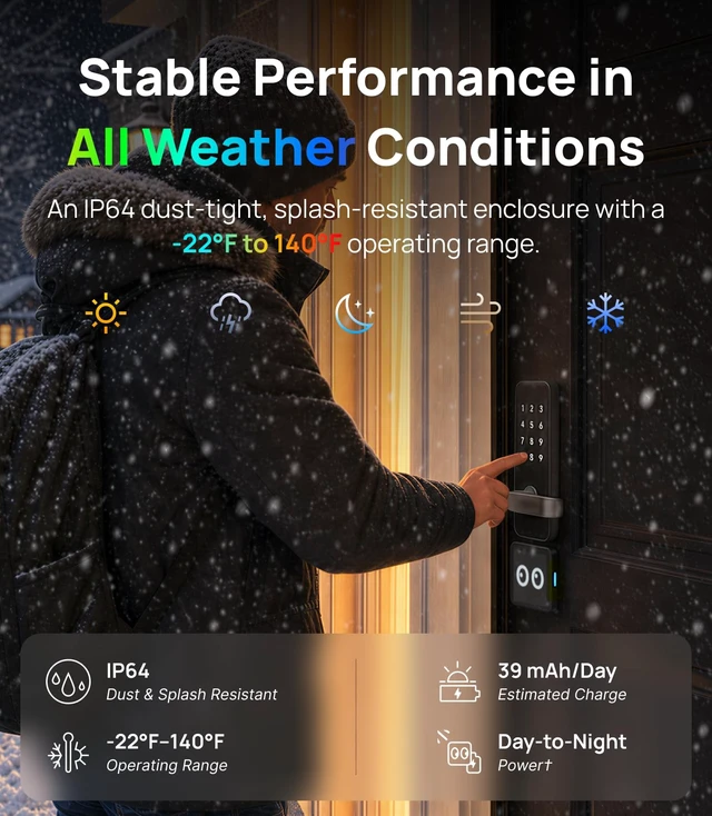 Alt view image 3 of 7 - Loofae Solar Panel for Smart Lock, LockPower Infinity for Fingerprint Door Lock, IP64 Waterproof Solar Charger, Easy Installation, Built-in 1500mAh Battery & Retractable USB-C Cable, Black