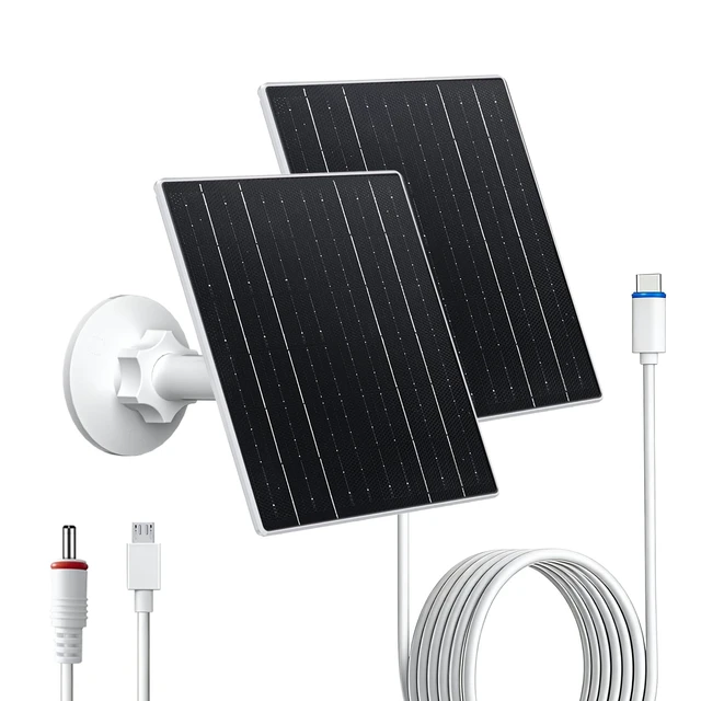 Main image of 10W 5V Solar Charger Compatible with Battery Powered Camera | Solar panel for security cameras, USB-C, USB & DC 5.5×2.1mm ports, IP66 waterproof, 7.2ft cable, 360° adjustable mount