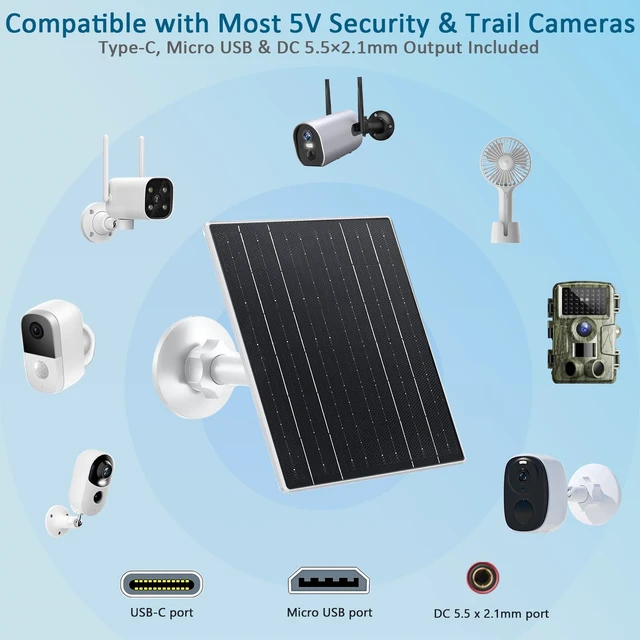 Alt view image 3 of 7 - 10W 5V Solar Charger Compatible with Battery Powered Camera | Solar panel for security cameras, USB-C, USB & DC 5.5×2.1mm ports, IP66 waterproof, 7.2ft cable, 360° adjustable mount