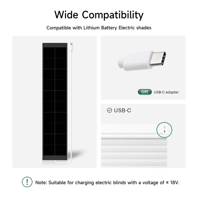 Alt view image 3 of 6 - JOYENG USB-C Solar Charging Panel, 5V Max 5.5W Power Wall Mount Solar Charger Accessory, Universal Compatible with Zebra Roller Cellular Roman Electric Window Blinds, 15.7x3.1 Inches Black, 1 Piece