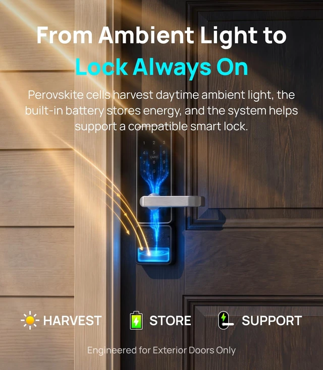Alt view image 2 of 7 - Loofae Solar Panel for Smart Lock, LockPower Infinity for Fingerprint Door Lock, IP64 Waterproof Solar Charger, Easy Installation, Built-in 1500mAh Battery & Retractable USB-C Cable, Black