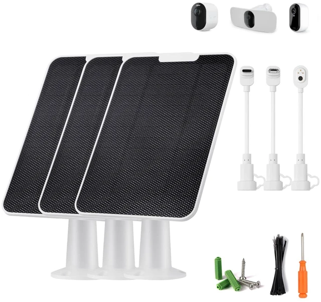 Main image of Solar Panel Charger Compatible with Essential Series, Pro 6/6 XL/5S/4/3, Go 2, Ultra Series & Wireless Floodlights, 6V 5W Solar Panel for Arlo Security Camera, P65 Weatherproof, 9.8ft Cable, 3 Pack