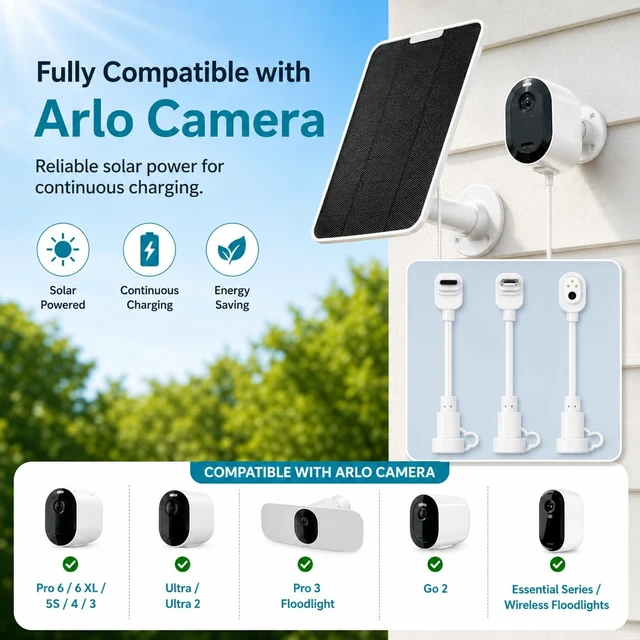 Alt view image 2 of 7 - Solar Panel Charger Compatible with Essential Series, Pro 6/6 XL/5S/4/3, Go 2, Ultra Series & Wireless Floodlights, 6V 5W Solar Panel for Arlo Security Camera, P65 Weatherproof, 9.8ft Cable, 3 Pack