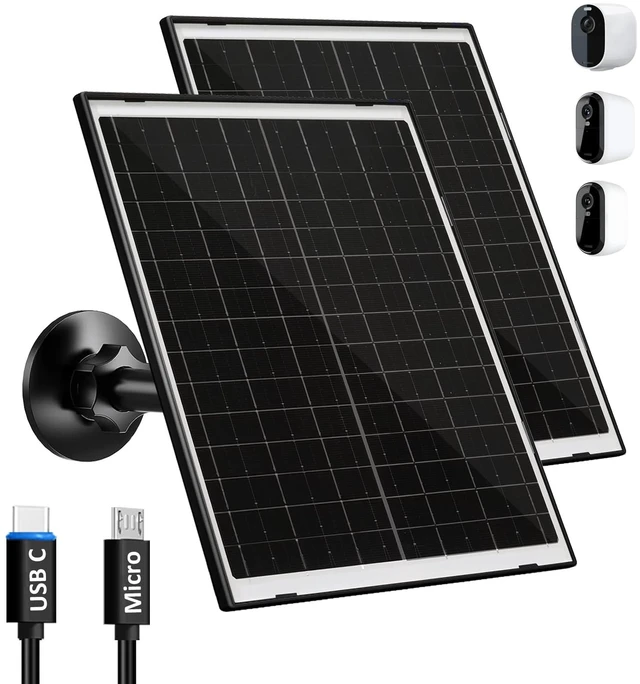 Main image of FUTUREZEN 10W Solar Panel for Arlo Essential 2K/XL/Spotlight Cam, 2 Pack | glass panel, USB-C and Micro USB plugs, 5V output, IP66 waterproof, 360° adjustable mount, 7.2ft cable