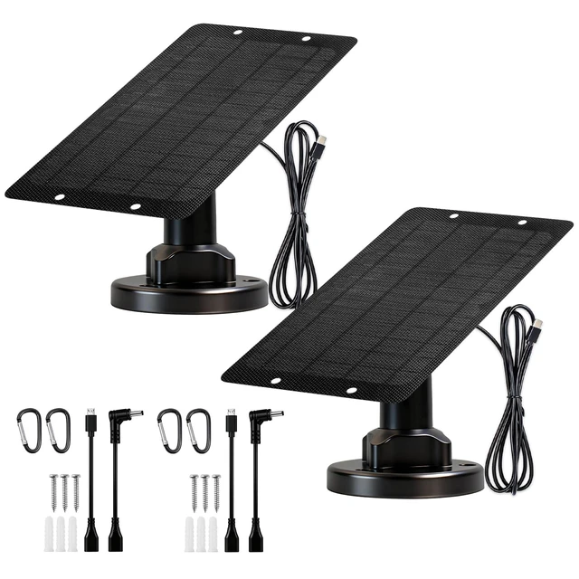 Main image of 6W 5V Solar Panel with Type-C, Micro USB & Barrel Connectors, Universal Camera Solar Panel with Honeycomb High-Efficiency Surface, IP65 Waterproof Solar Charger with Mount 2 Pack