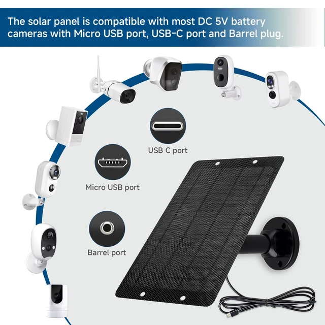Alt view image 5 of 7 - 6W 5V Solar Panel with Type-C, Micro USB & Barrel Connectors, Universal Camera Solar Panel with Honeycomb High-Efficiency Surface, IP65 Waterproof Solar Charger with Mount 2 Pack