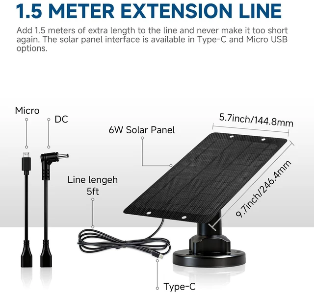 Alt view image 7 of 7 - 6W 5V Solar Panel with Type-C, Micro USB & Barrel Connectors, Universal Camera Solar Panel with Honeycomb High-Efficiency Surface, IP65 Waterproof Solar Charger with Mount 2 Pack