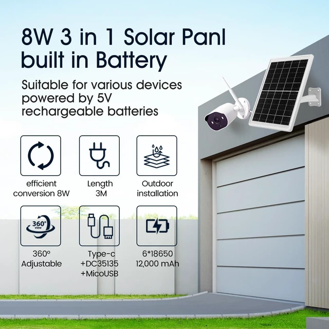 Alt view image 6 of 7 - Solar Panel Built-in Battery 12000mAh with Micro USB & Type-C & Port and DC35135 Port for Camera or DC 5V Device with 10ft Charging Cable IP66 Waterproof Rechargeable