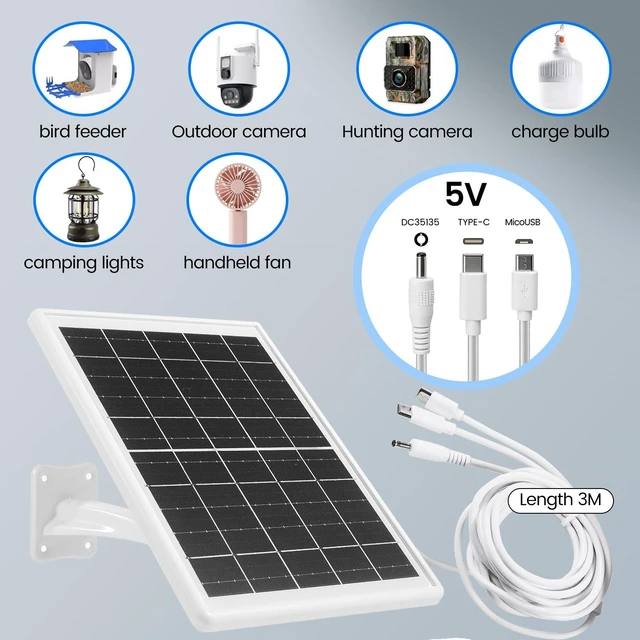 Alt view image 3 of 7 - Solar Panel Built-in Battery 12000mAh with Micro USB & Type-C & Port and DC35135 Port for Camera or DC 5V Device with 10ft Charging Cable IP66 Waterproof Rechargeable