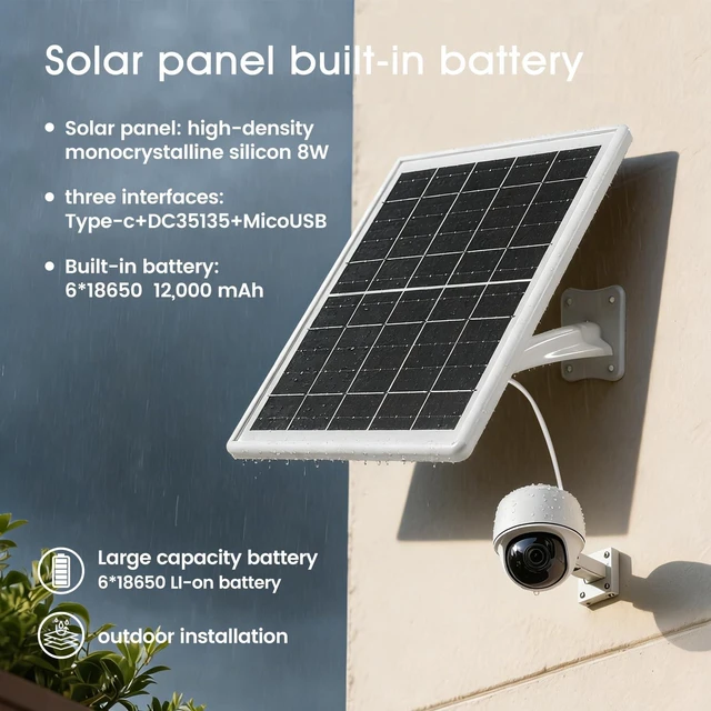 Alt view image 5 of 7 - Solar Panel Built-in Battery 12000mAh with Micro USB & Type-C & Port and DC35135 Port for Camera or DC 5V Device with 10ft Charging Cable IP66 Waterproof Rechargeable