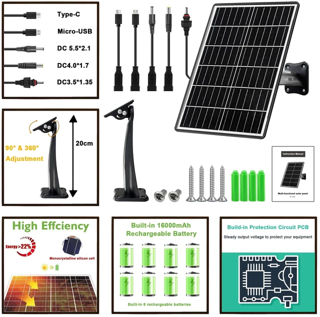Alt view image 4 of 6 - 15W Solar Panel Kit with Built-in 16000mAh Battery Voltage: 5V/6V/9V/12V Current: 1.5A Features USB-C, Micro-USB, and DC 2.1/1.7/1.35mm Ports Compatible with All 3G/4G Trail Cameras