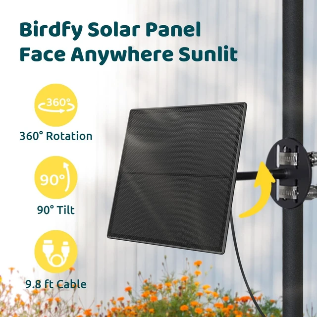 Alt view image 3 of 7 - Birdfy 3W Solar Panel for Smart Bird Feeder Camera, Type-C Charger for Birdfy Feeder, 360° Adjustable Swivel Mount, IP65 Waterproof for Outdoors, 3W Continuously Power Supply (9.8ft Chew-Proof Cable)
