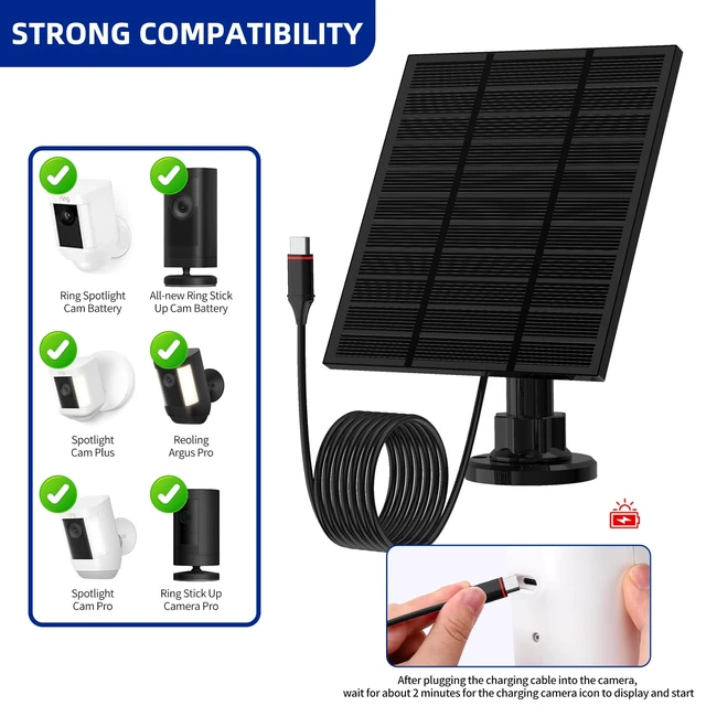 Alt view image 2 of 7 - 5W 5VSolar Panels for Ring Camera Outdoor with USB-C&DC Adapter, 3Pack | IP65 Waterproof, Works in Rain, Solar Panel Charger for Spotlight Cam&Stick Up Cam, 360°Adjustable&10FT Long Cable