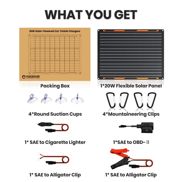 Alt view image 7 of 7 - FlexSolar 20W 12V Solar Panel Charger Kit with Built-in Charge Controller - Portable Waterproof Solar Trickle Charger Battery Maintainer, Cig Plug & Alligator Clips for Car, Boat, RV, Tractor