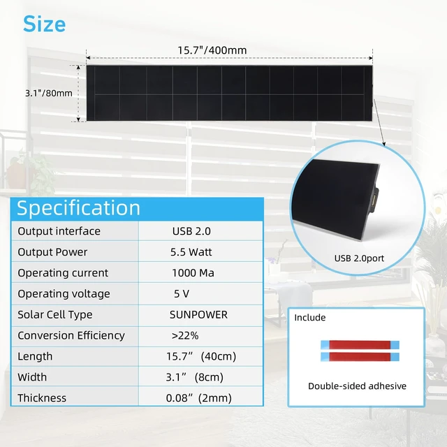 Alt view image 3 of 6 - 5V USB Solar Panel - Blinds Solar Charger for Windows Blinds, Roller Shades, Motorized Blinds, USB Port, 5/5W High Compatibility Solar Panel