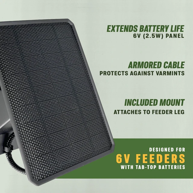 Alt view image 2 of 6 - Moultrie 6V Solar Panel for Feeders - 2.5W, Pro Hunter 3 Series | For Pro Hunter 3 Series feeders, 2.5W solar charging, 6V output, tab top battery connection, weatherproof