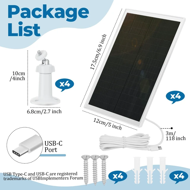 Alt view image 4 of 7 - Kanayu 4 Pack Solar Panel for Security Camera Charger Compatible with Rechargeable Battery Camera 5v 6w USB Solar Panel with USB C Port Ip66 Waterproof 9.8ft Cable 360° Adjustable Mount