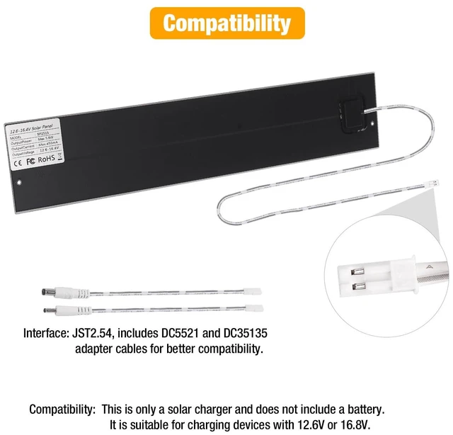Alt view image 4 of 7 - 12V/6W Solar Panel for Electric Roller Shutters, Pergola Screen, Window Shade, LED, Ring Camera for 11.1V - 16.8V 3/4String Rechargeable Lithium Battery Pack, JST, DC5.5 * 2.1, DC3.5 * 1.35 Port