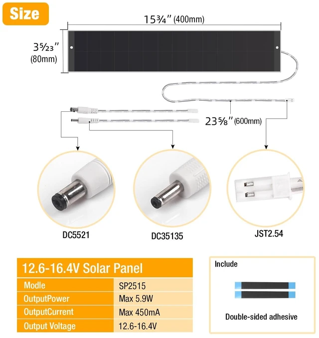 Alt view image 2 of 7 - 12V/6W Solar Panel for Electric Roller Shutters, Pergola Screen, Window Shade, LED, Ring Camera for 11.1V - 16.8V 3/4String Rechargeable Lithium Battery Pack, JST, DC5.5 * 2.1, DC3.5 * 1.35 Port