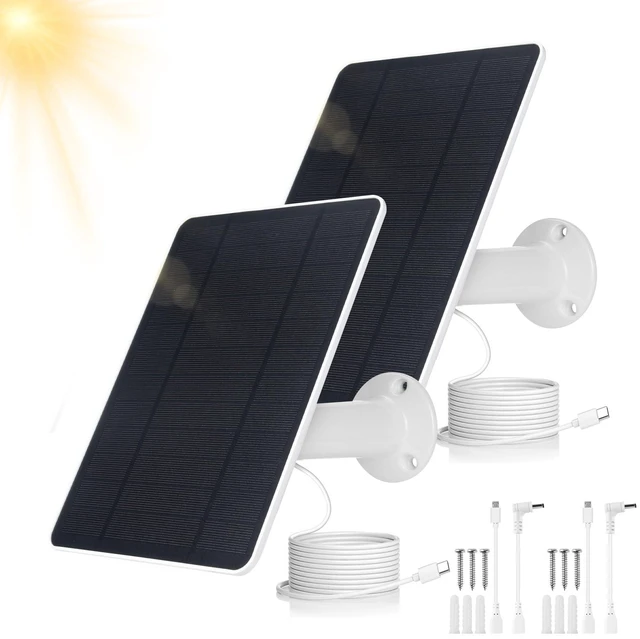 Main image of USB Solar Panel for Ring Camera - Type-C Solar Panel Charger 5v 6w with 10ft Waterproof Charging Cable, Micro-USB & USB-C & Barrel Port, IP66 Weatherproof,Includes Secure Wall Mount (2pcs White)
