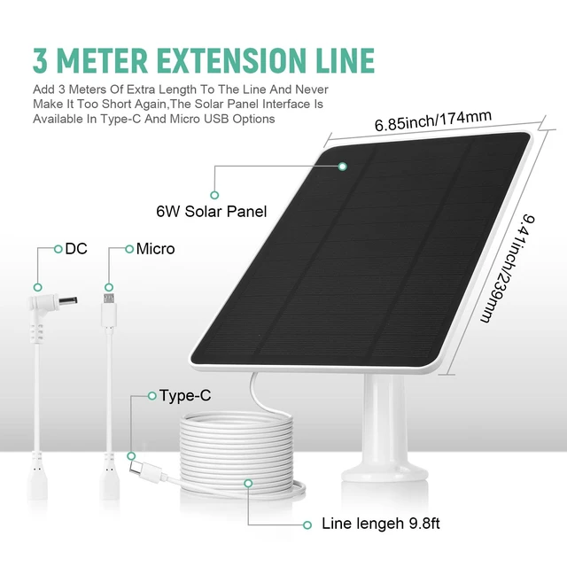 Alt view image 6 of 7 - USB Solar Panel for Ring Camera - Type-C Solar Panel Charger 5v 6w with 10ft Waterproof Charging Cable, Micro-USB & USB-C & Barrel Port, IP66 Weatherproof,Includes Secure Wall Mount (2pcs White)