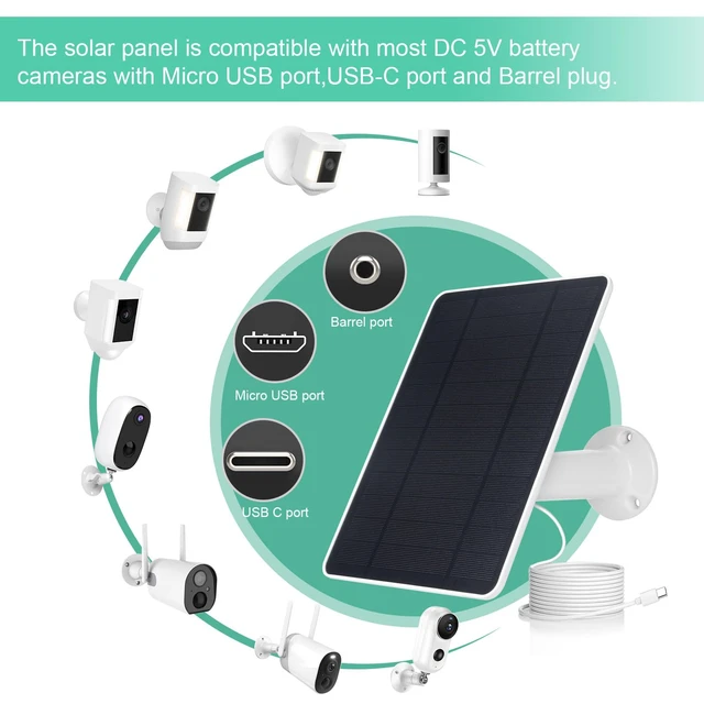 Alt view image 5 of 7 - USB Solar Panel for Ring Camera - Type-C Solar Panel Charger 5v 6w with 10ft Waterproof Charging Cable, Micro-USB & USB-C & Barrel Port, IP66 Weatherproof,Includes Secure Wall Mount (2pcs White)