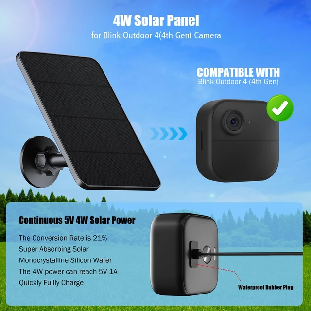 Alt view image 2 of 7 - 4 Pack Solar Panel for Blink Outdoor 2K+/4(4th Gen)/(3rd Gen),XT2/XT Camera | 4W Solar Panel Charger, IP65 Waterproof Rubber Plug, 13.1ft Cable, Adjustable Mount(Camera Not Included)
