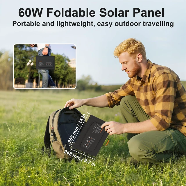 Alt view image 6 of 7 - 60W Portable Solar Panels Charger with USB-C, USB-A and DC Outputs | Foldable IP67 Waterproof Solar Phone Panel for Camping, Power Emergency for Small Power Station Generator, Phones, Power Bank