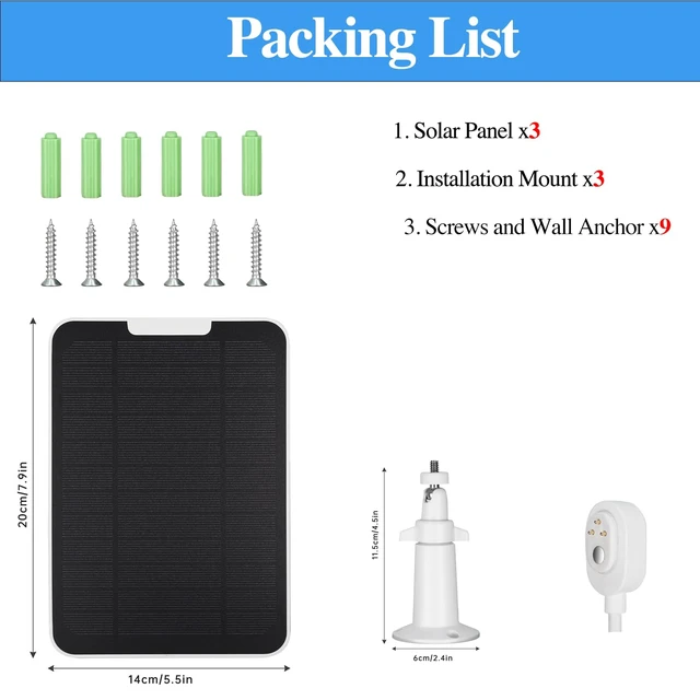 Alt view image 7 of 7 - Upgrade 3 Pack 5W Solar Panel Charging Compatible with Arlo Pro 3/4/5S/Ultra/Ultra 2/Go 2 Continuous Power Supply IP65 Weatherproof with 9.8ft/3m Charging Cable and Adjustable Wall Mount