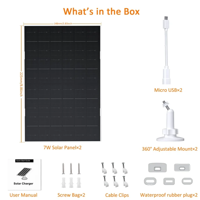Alt view image 2 of 6 - VUEBEE 7W Solar Panel for Eufycam 2C, 2C Pro, 2 Pro and E40, 2 Pack | USB-C to Micro USB Port, IP66 Waterproof Design, 360° Adjustable Mount, 7.2ft Cable