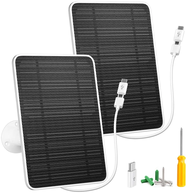 Main image of Solar Panel for Security Camera, 5W USB Solar Panel for DC 5V Security Camera, Micro USB & USB-C Port Solar Panel, IP65 Waterproof Solar Charger for Camera,360° Adjustable Mounting 13ft Cable, 2 Pack
