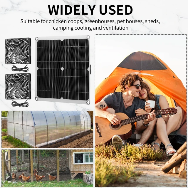 Alt view image 7 of 7 - Riakrum 20W 16V Solar Panel Exhaust Fan Kit USB Portable Solar Powered Fan Summer Outdoor Waterproof Ventilator Fan for Chicken Coops, Greenhouses, Camping Exhaust (2 Sets)
