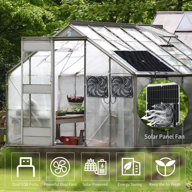 Alt view image 6 of 7 - Riakrum 20W 16V Solar Panel Exhaust Fan Kit USB Portable Solar Powered Fan Summer Outdoor Waterproof Ventilator Fan for Chicken Coops, Greenhouses, Camping Exhaust (2 Sets)