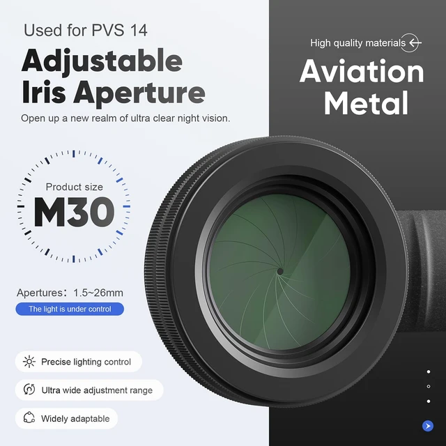 Alt view image 2 of 7 - DRYNOAEIR Adjustable Iris for PVS14 Lens Reversing Adapter for PVS14 Night Vision, 30mm Scope Rings, Step Up Rings Compatible with Holosun IRIS, EF to RF Adapter, RF to EF Lens Adapter (2 Pack)