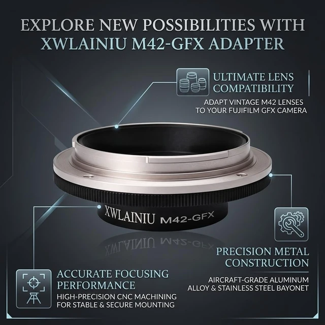 Alt view image 2 of 7 - XWLAINIU M42-GFX Manual Focus Adapter for Fuji GFX50R/GFX100/GFX100S | M42 to Fuji GFX adapter, manual focus with control ring, CNC alloy, fits GFX50R/GFX100/GFX100S.