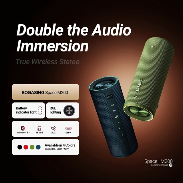 Alt view image 5 of 7 - BOGASING Space M200 Portable Bluetooth Speaker with 50W Dynamic Sound | RGB Lights, Energetic Sound & Punchy Bass, IP67 Waterproof, 24H Playtime, BT 5.3, EQ, TF-Card, AUX, USB-C Audio Playback