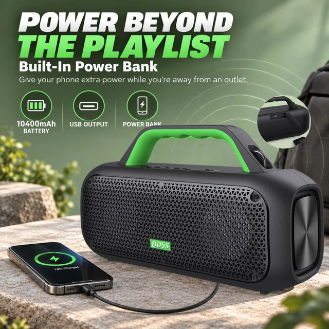 Alt view image 4 of 7 - DOSS Extreme Boom Portable Bluetooth Speaker with 60W Mighty Sound-Green | 60W Deep Bass, 30H Playtime,10400mAh Power Bank, IPX6 Waterproof, TWS, BT 5.3, For Camping, Beach, Pool, Grage, Parties.