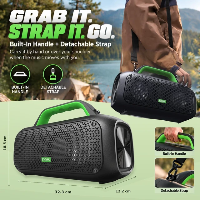 Alt view image 5 of 7 - DOSS Extreme Boom Portable Bluetooth Speaker with 60W Mighty Sound-Green | 60W Deep Bass, 30H Playtime,10400mAh Power Bank, IPX6 Waterproof, TWS, BT 5.3, For Camping, Beach, Pool, Grage, Parties.