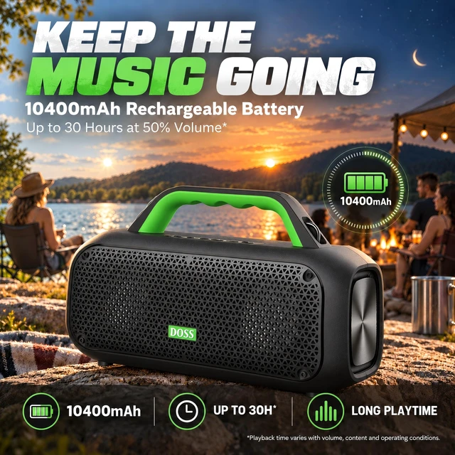 Alt view image 3 of 7 - DOSS Extreme Boom Portable Bluetooth Speaker with 60W Mighty Sound-Green | 60W Deep Bass, 30H Playtime,10400mAh Power Bank, IPX6 Waterproof, TWS, BT 5.3, For Camping, Beach, Pool, Grage, Parties.