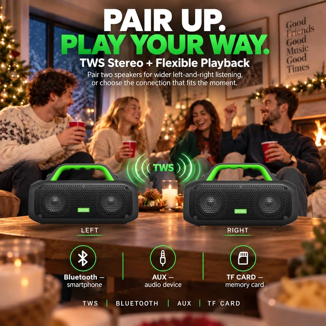 Alt view image 6 of 7 - DOSS Extreme Boom Portable Bluetooth Speaker with 60W Mighty Sound-Green | 60W Deep Bass, 30H Playtime,10400mAh Power Bank, IPX6 Waterproof, TWS, BT 5.3, For Camping, Beach, Pool, Grage, Parties.