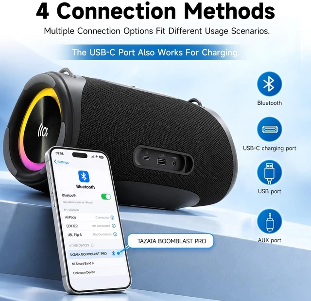 Alt view image 6 of 7 - Speakers Bluetooth Wireless Outdoor,120W Loud Sound with Deep Bass | IPX7 Waterproof Floating, BT 5.3 Boombox, 105dB Large Subwoofer, 11H, RGB Lights, Portable Speaker for Party, Kayaking, Beach