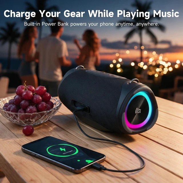 Alt view image 7 of 7 - Speakers Bluetooth Wireless Outdoor,120W Loud Sound with Deep Bass | IPX7 Waterproof Floating, BT 5.3 Boombox, 105dB Large Subwoofer, 11H, RGB Lights, Portable Speaker for Party, Kayaking, Beach