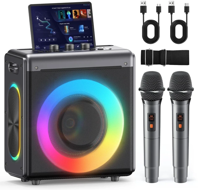 Main image of Portable Bluetooth Speaker 2 Wireless Rechargeable Mics,Party Speaker | Clear sound, Deep Bass, 20H playtime, LED lights, Tablet Holder, TWS, 4 effects,For Home Parties, Camping and Outdoor Events