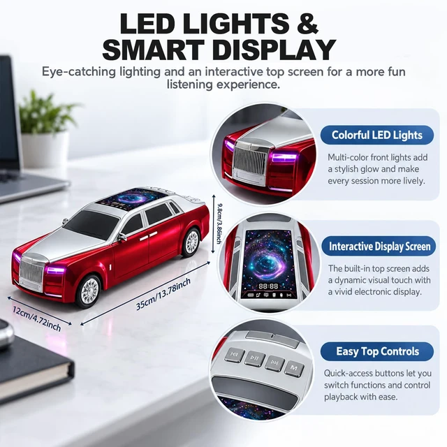 Alt view image 2 of 7 - WSTER WS-610 Luxury Sedan Bluetooth Speaker with Starry Display (Red) | Luxury Sedan Design, Starry Display & LED Lights, TWS Stereo & FM Radio, USB/TF Playback, Built-In Mic