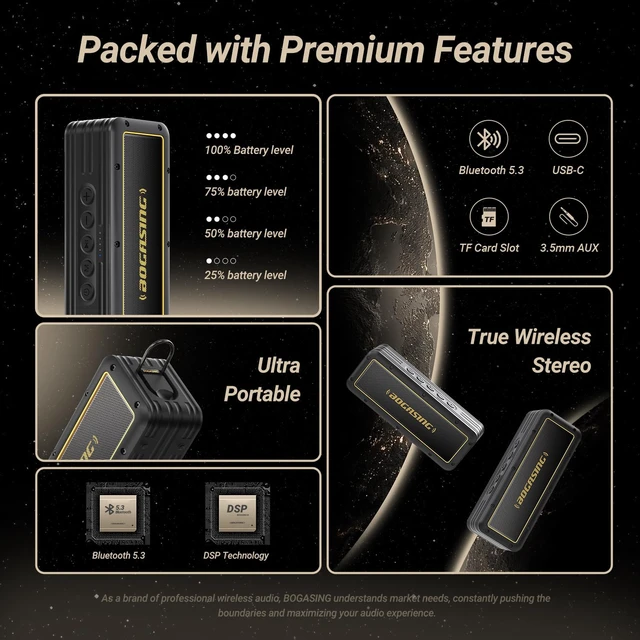 Alt view image 7 of 7 - BOGASING G4 Portable Bluetooth Speaker with 50W Full-Bodied Sound | Punchy Deep Bass, 3 EQ Modes, TWS, IPX7 Waterproof, Up to 24H Playtime, Bluetooth 5.3, TF Card, AUX & USB-C Audio Playback