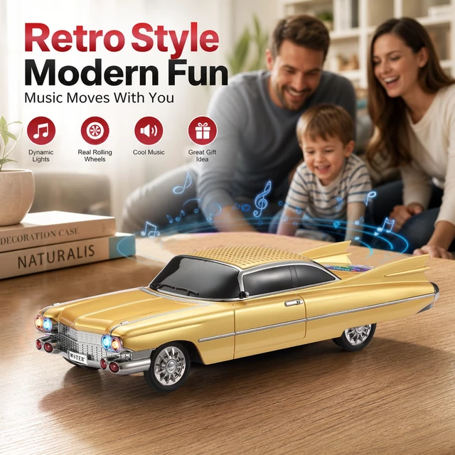 Alt view image 2 of 7 - WSTER WS-730 Retro Tailfin Coupe Bluetooth Speaker with Display (Gold) | Retro Tailfin Coupe Design, Display Screen & LED Lights, TWS Stereo & FM Radio, USB/TF Playback, Built-In Mic