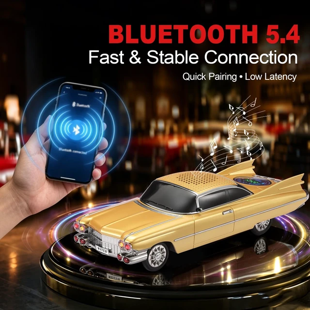 Alt view image 3 of 7 - WSTER WS-730 Retro Tailfin Coupe Bluetooth Speaker with Display (Gold) | Retro Tailfin Coupe Design, Display Screen & LED Lights, TWS Stereo & FM Radio, USB/TF Playback, Built-In Mic